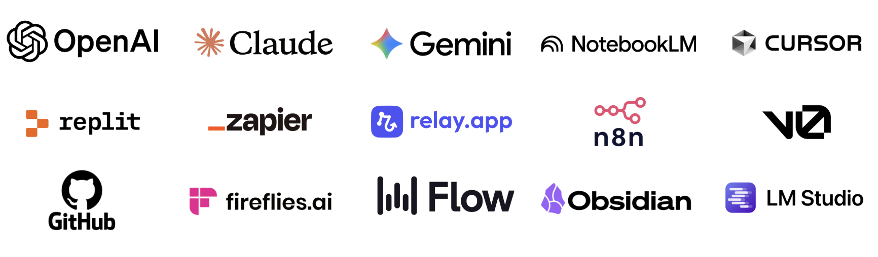 AI tools logos: OpenAI, Claude, Gemini, NotebookLM, Cursor, Replit, Zapier, Relay.app, n8n, v0, GitHub, Fireflies.ai, Flow, Obsidian, LM Studio
